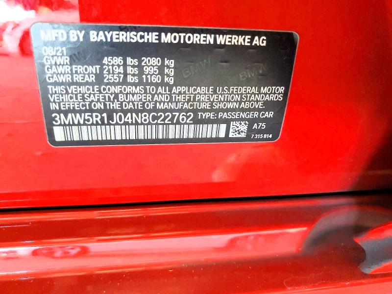 Продажа на аукционе авто 2022 Bmw 330i, vin: 3MW5R1J04N8C22762, номер лота: 58846556