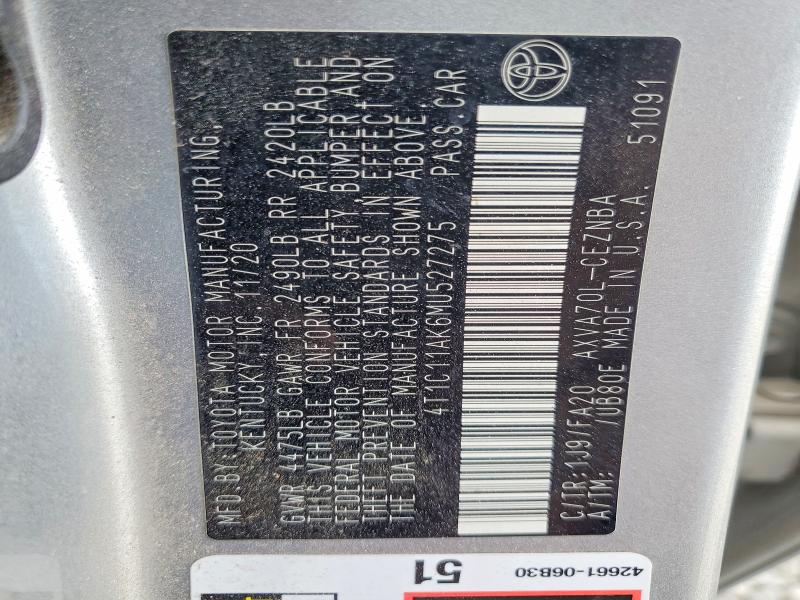 Продажа на аукционе авто 2021 Toyota Camry, vin: 4T1C11AK6MU527275, номер лота: 58153476