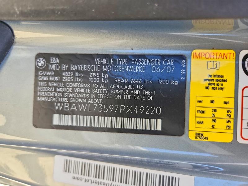 58565496 :رقم المزاد ، WBAWL73597PX49220 vin ، 2007 Bmw 335 مزاد بيع