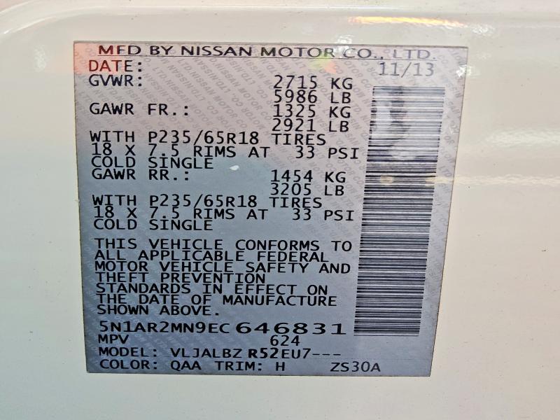 Продаж на аукціоні авто 2014 Nissan Pathfinder, vin: 5N1AR2MN9EC646831, номер лоту: 59130276
