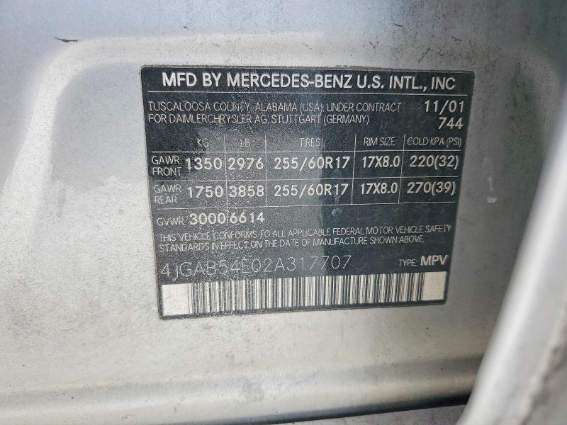 2002 Mercedes-benz Ml მანქანა იყიდება აუქციონზე, vin: 4JGAB54E02A317707, აუქციონის ნომერი: 56593116