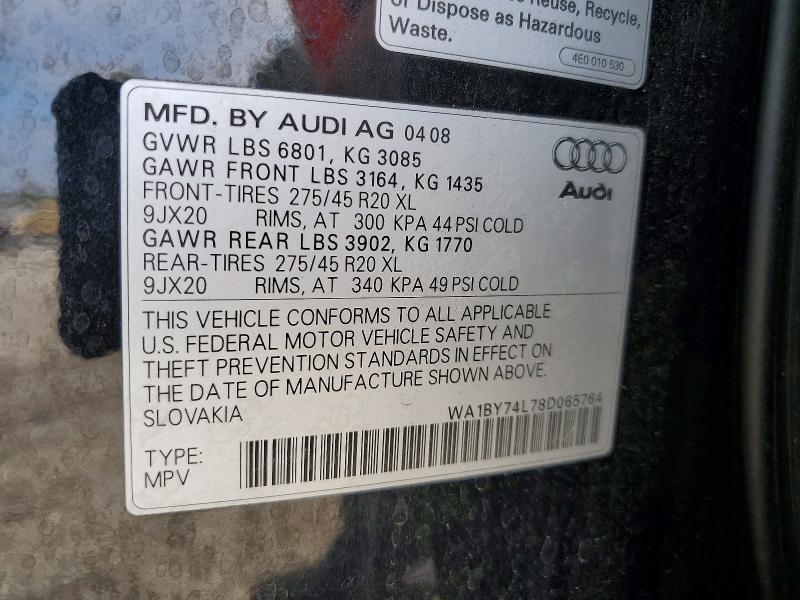 2008 Audi Q7 მანქანა იყიდება აუქციონზე, vin: WA1BY74L78D065764, აუქციონის ნომერი: 57089546