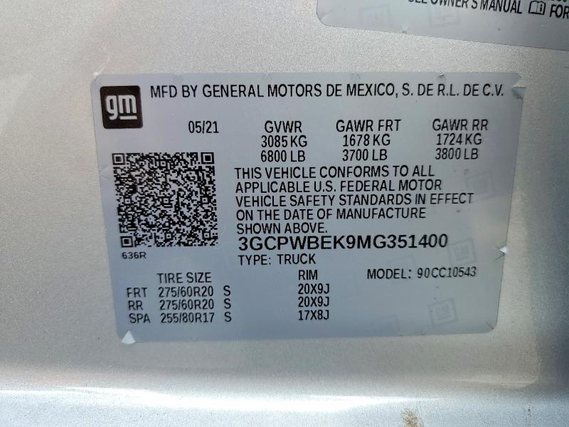 58151406 :رقم المزاد ، 3GCPWBEK9MG351400 vin ، 2021 Chevrolet Silverado مزاد بيع