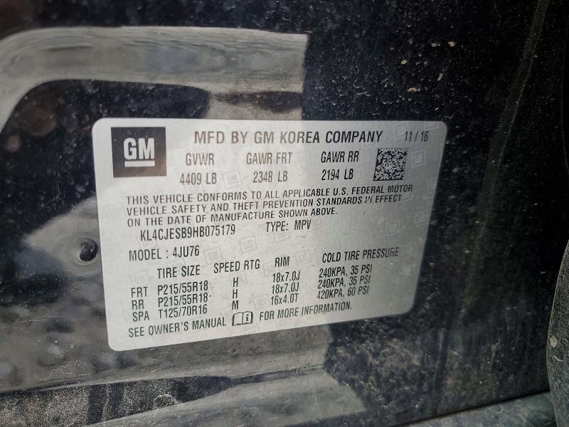 2017 Buick Encore მანქანა იყიდება აუქციონზე, vin: KL4CJESB9HB075179, აუქციონის ნომერი: 57202146