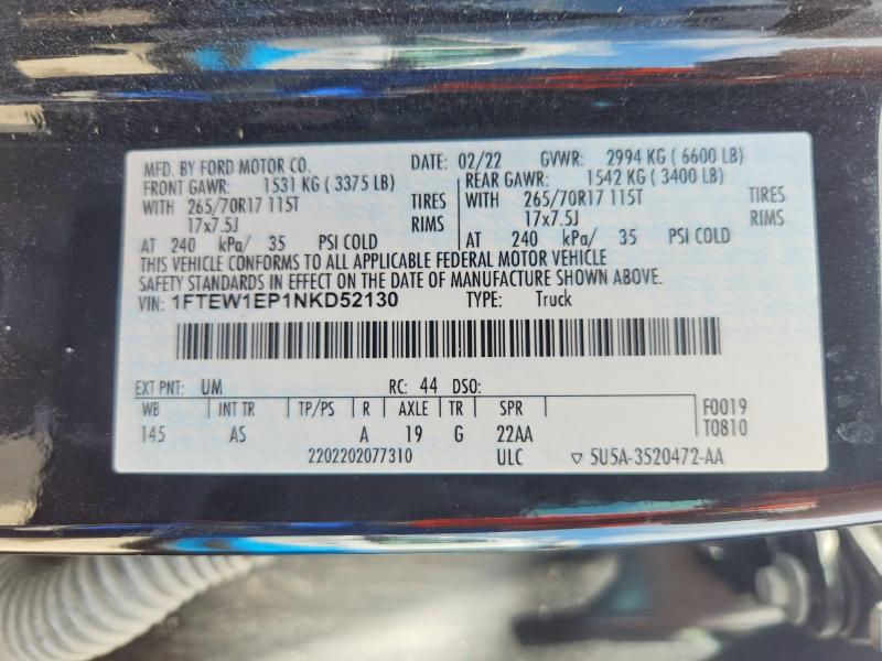 Продаж на аукціоні авто 2022 Ford F150, vin: 1FTEW1EP1NKD52130, номер лоту: 55936376