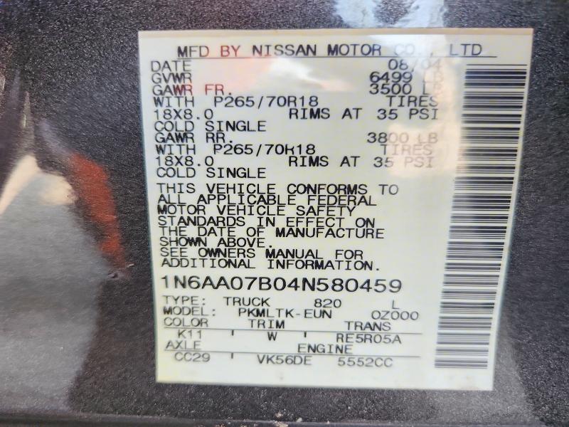 2004 Nissan Titan მანქანა იყიდება აუქციონზე, vin: 1N6AA07B04N580459, აუქციონის ნომერი: 56939466