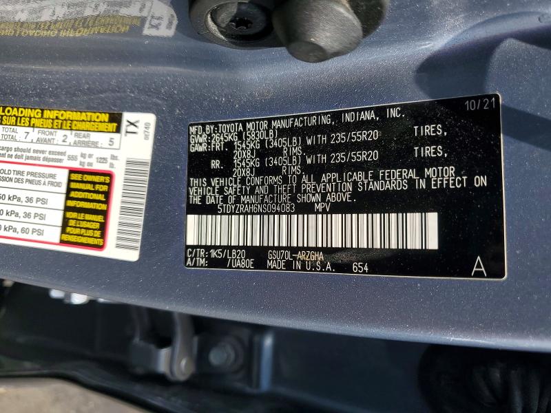 Aukcja sprzedaży 2022 Toyota Highlander, vin: 5TDYZRAH6NS094083, numer aukcji: 56170616