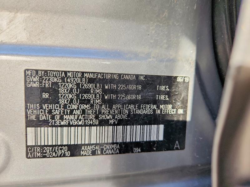 Продаж на аукціоні авто 2019 Toyota Rav4, vin: 2T3EWRFV6KW019453, номер лоту: 58969576