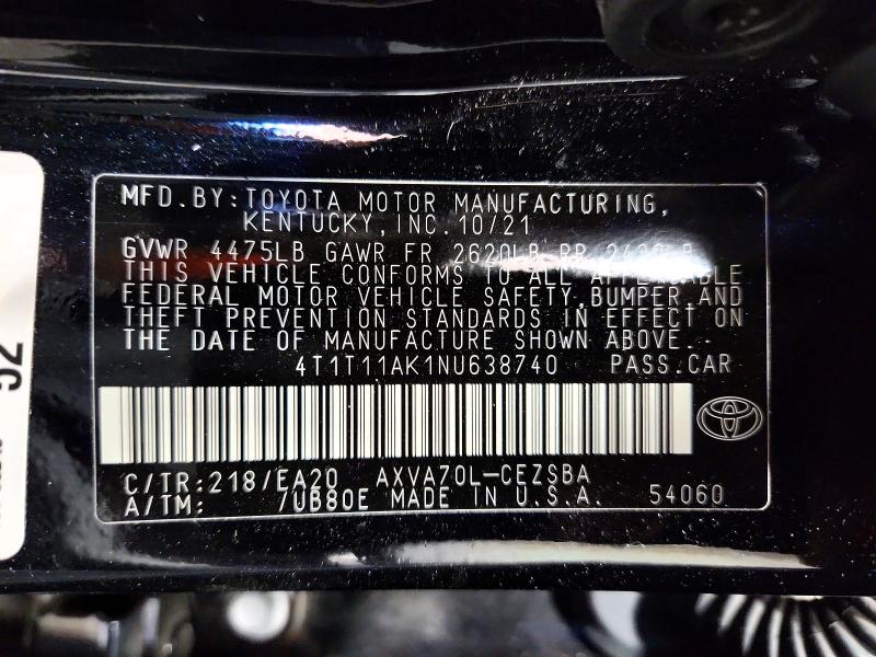 Auction sale of the 2022 Toyota Camry, vin: 4T1T11AK1NU638740, lot number: 56079276