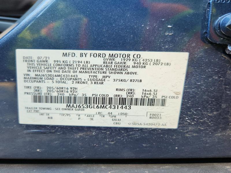 2021 Ford Ecosport მანქანა იყიდება აუქციონზე, vin: MAJ6S3GL6MC431443, აუქციონის ნომერი: 56114596