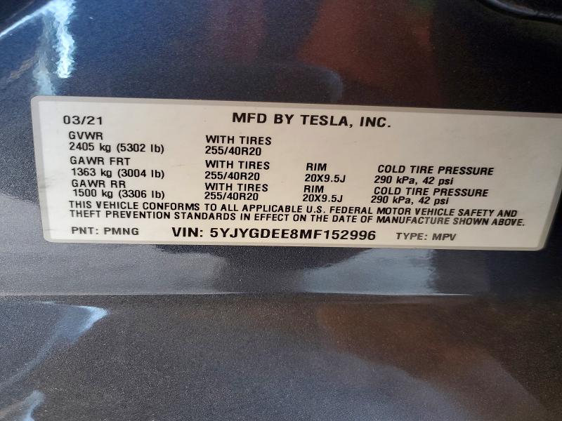 2021 Tesla Model Y მანქანა იყიდება აუქციონზე, vin: 5YJYGDEE8MF152996, აუქციონის ნომერი: 56821036