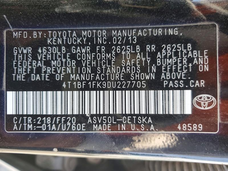 2013 Toyota Camry მანქანა იყიდება აუქციონზე, vin: 4T1BF1FK9DU227705, აუქციონის ნომერი: 57833036