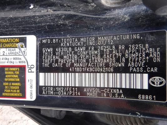 58842266 :رقم المزاد ، 4T1BD1FK9CU042106 vin ، 2012 Toyota Camry Hybrid مزاد بيع