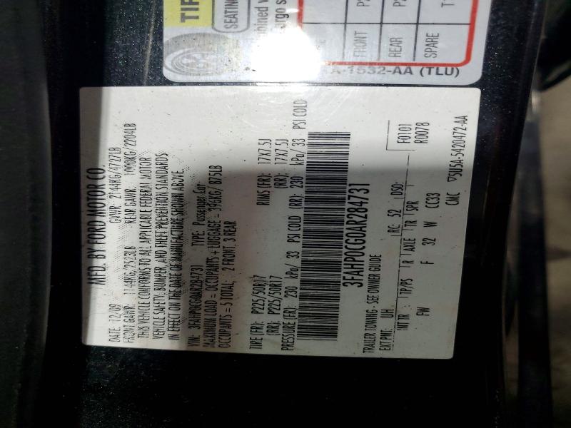 2010 Ford Fusion მანქანა იყიდება აუქციონზე, vin: 3FAHP0CG0AR284731, აუქციონის ნომერი: 55475526
