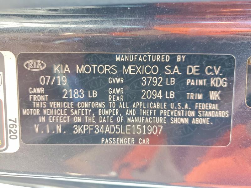 2020 Kia Forte მანქანა იყიდება აუქციონზე, vin: 3KPF34AD5LE151907, აუქციონის ნომერი: 55309176