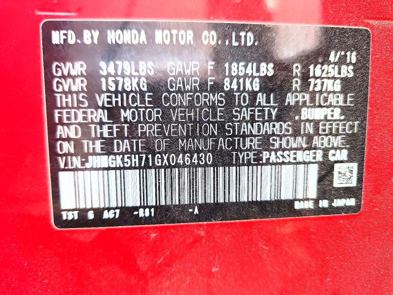 Продажа на аукционе авто 2016 Honda Fit, vin: JHMGK5H71GX046430, номер лота: 55334036
