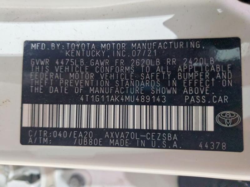 2021 Toyota Camry მანქანა იყიდება აუქციონზე, vin: 4T1G11AK4MU489143, აუქციონის ნომერი: 58894846