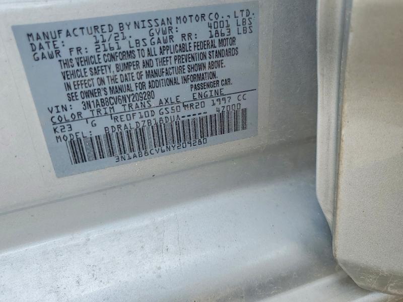 2022 Nissan Sentra მანქანა იყიდება აუქციონზე, vin: 3N1AB8CV6NY209280, აუქციონის ნომერი: 55782276