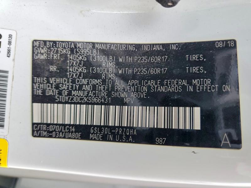58772036 :رقم المزاد ، 5TDYZ3DC2KS966431 vin ، 2019 Toyota Sienna مزاد بيع