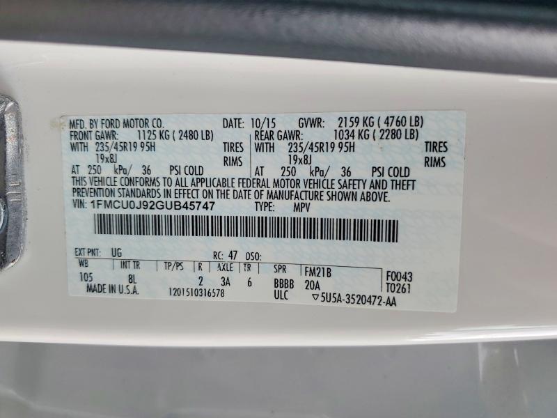 Продажа на аукционе авто 2016 Ford Escape, vin: 1FMCU0J92GUB45747, номер лота: 57608326