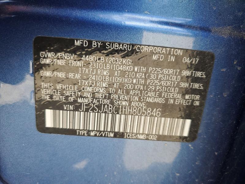 2017 Subaru Forester მანქანა იყიდება აუქციონზე, vin: JF2SJABC1HH805846, აუქციონის ნომერი: 58414476