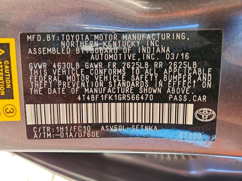 Aukcja sprzedaży 2016 Toyota Camry, vin: 4T4BF1FK1GR566470, numer aukcji: 54753056
