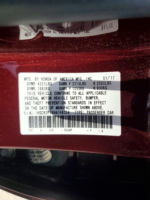 Продажа на аукционе авто 2017 Honda Accord, vin: 1HGCR2F76HA148308, номер лота: 58822156