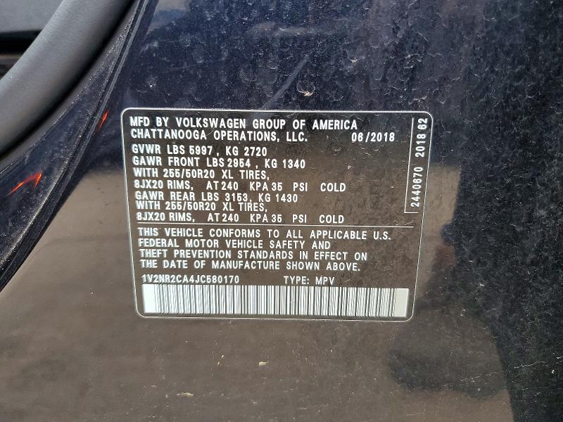 2018 Volkswagen Atlas მანქანა იყიდება აუქციონზე, vin: 1V2NR2CA4JC580170, აუქციონის ნომერი: 56938586