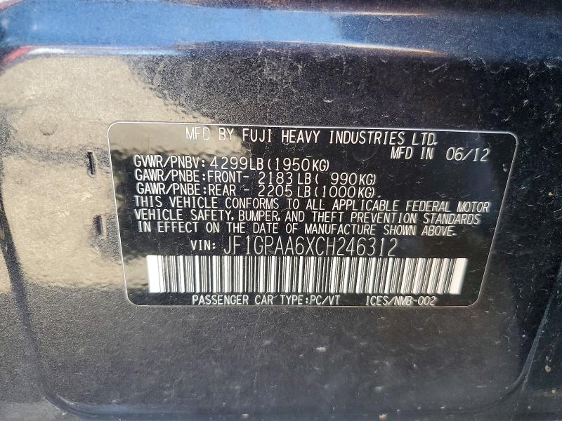 2012 Subaru Impreza მანქანა იყიდება აუქციონზე, vin: JF1GPAA6XCH246312, აუქციონის ნომერი: 57935296