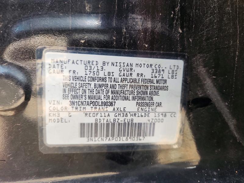 2013 Nissan Versa მანქანა იყიდება აუქციონზე, vin: 3N1CN7AP0DL890367, აუქციონის ნომერი: 57776656