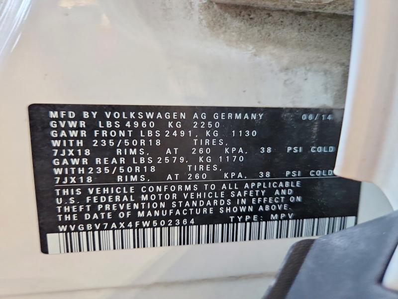 56835306 :رقم المزاد ، WVGBV7AX4FW502364 vin ، 2015 Volkswagen Tiguan مزاد بيع