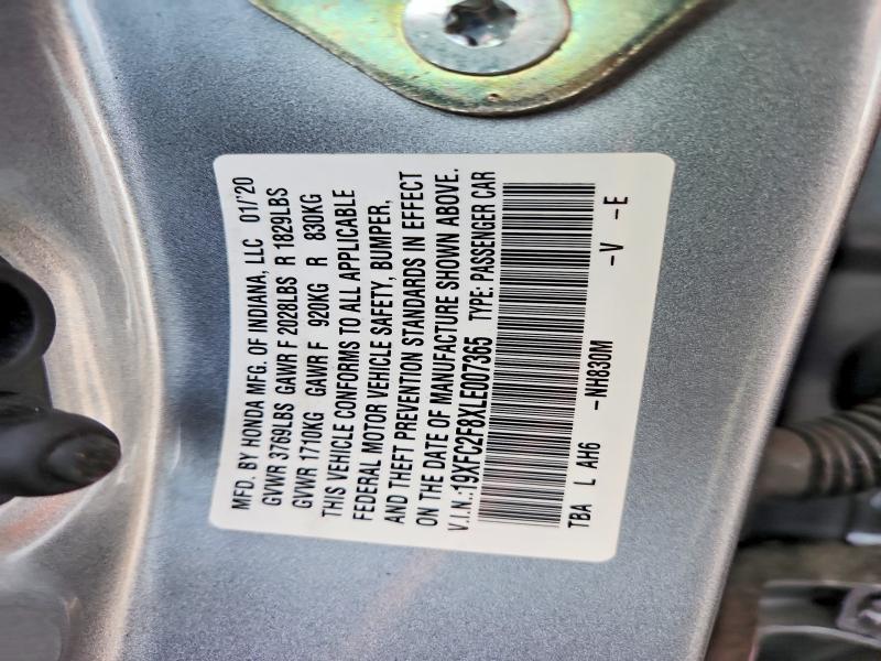 Aukcja sprzedaży 2020 Honda Civic, vin: 19XFC2F8XLE007365, numer aukcji: 58272566