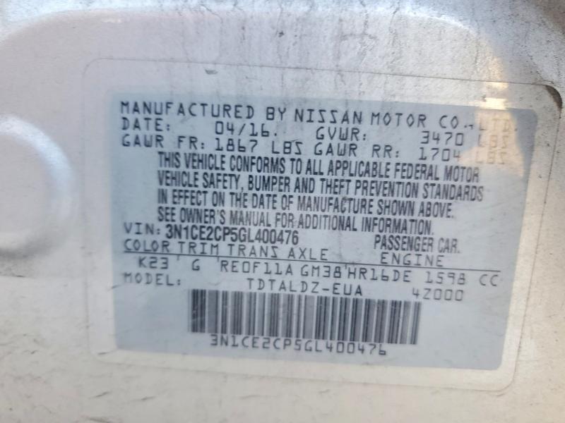 57927886 :رقم المزاد ، 3N1CE2CP5GL400476 vin ، 2016 Nissan Versa Note مزاد بيع