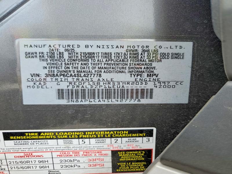 Auction sale of the 2025 Nissan Kicks, vin: 3N8AP6CA4SL427778, lot number: 58242316