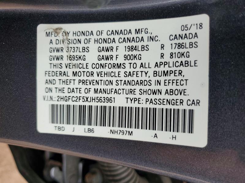 58457876 :رقم المزاد ، 2HGFC2F5XJH563961 vin ، 2018 Honda Civic مزاد بيع