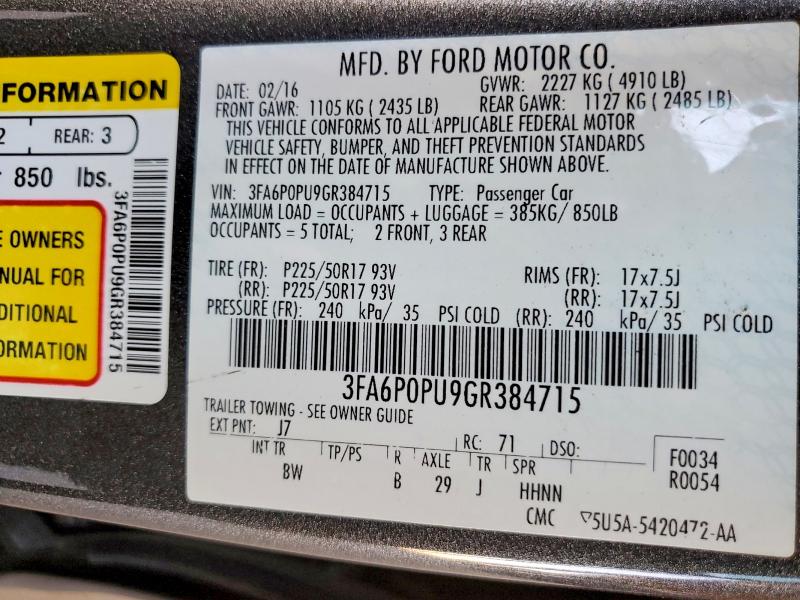2016 Ford Fusion მანქანა იყიდება აუქციონზე, vin: 3FA6P0PU9GR384715, აუქციონის ნომერი: 56307236