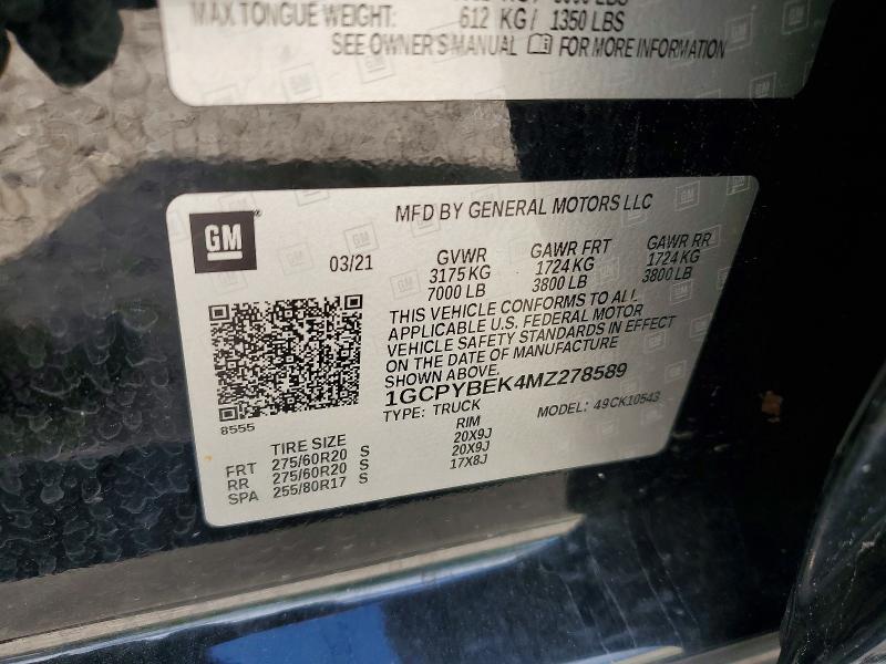 57394806 :رقم المزاد ، 1GCPYBEK4MZ278589 vin ، 2021 Chevrolet Silverado مزاد بيع