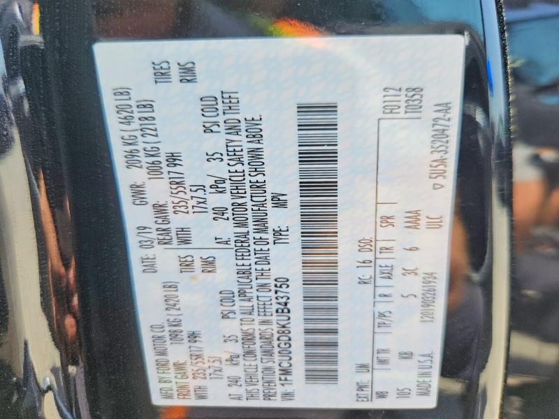 2019 Ford Escape მანქანა იყიდება აუქციონზე, vin: 1FMCU0GD8KUB43750, აუქციონის ნომერი: 59297026