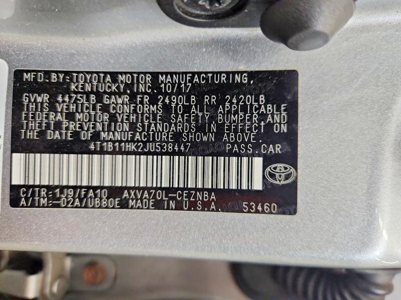 57992816 :رقم المزاد ، 4T1B11HK2JU538447 vin ، 2018 Toyota Camry مزاد بيع