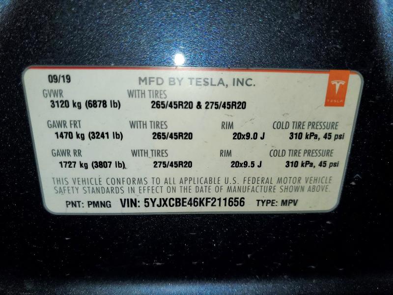 Продаж на аукціоні авто 2019 Tesla Model X, vin: 5YJXCBE46KF211656, номер лоту: 58828016