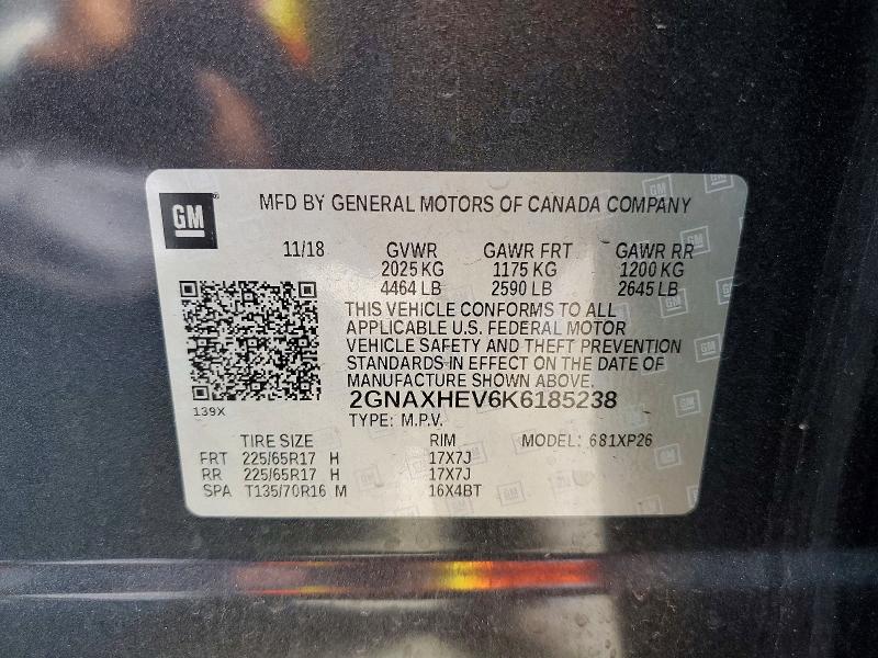 2019 Chevrolet Equinox მანქანა იყიდება აუქციონზე, vin: 2GNAXHEV6K6185238, აუქციონის ნომერი: 56690156