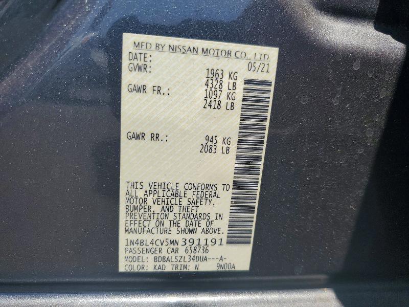 2021 Nissan Altima მანქანა იყიდება აუქციონზე, vin: 1N4BL4CV5MN391191, აუქციონის ნომერი: 58510616