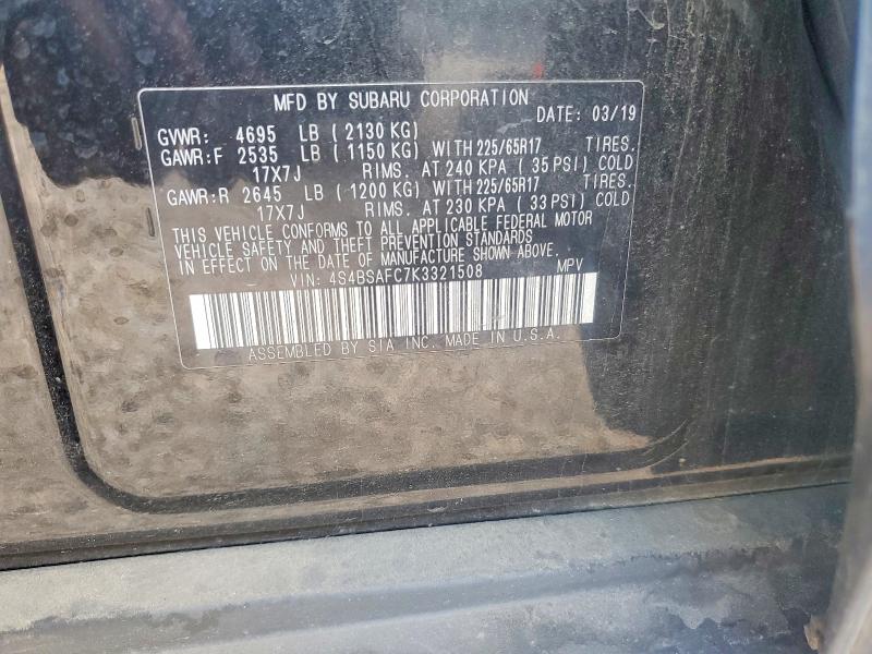 Aukcja sprzedaży 2019 Subaru Outback, vin: 4S4BSAFC7K3321508, numer aukcji: 57999256