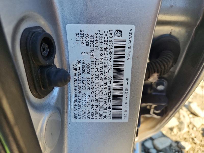 Aukcja sprzedaży 2021 Honda Civic, vin: 2HGFC2F6XMH514403, numer aukcji: 58713656