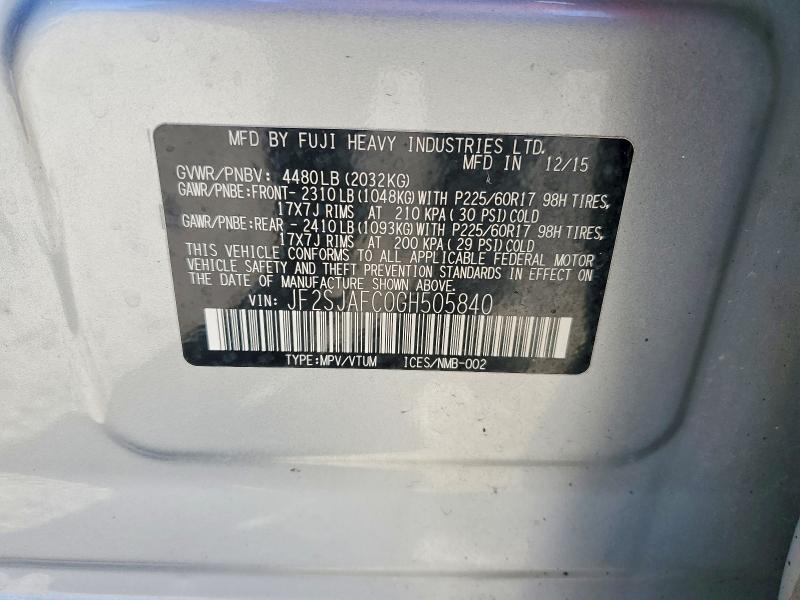 2016 Subaru Forester მანქანა იყიდება აუქციონზე, vin: JF2SJAFC0GH505840, აუქციონის ნომერი: 58219876