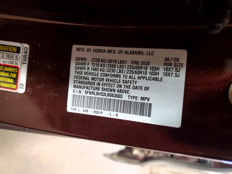 54420596 :رقم المزاد ، 5FNRL6H53LB063603 vin ، 2020 Honda Odessey مزاد بيع