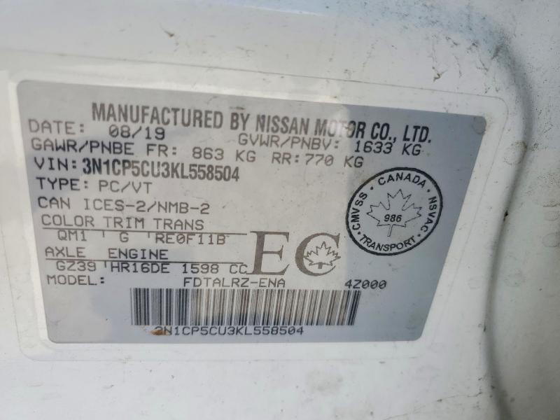 51471316 :رقم المزاد ، 3N1CP5CU3KL558504 vin ، 2019 Nissan Kicks مزاد بيع