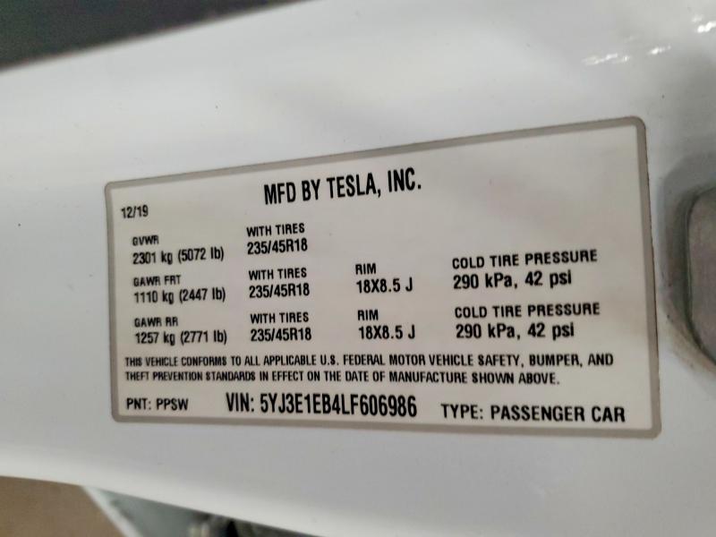 57496156 :رقم المزاد ، 5YJ3E1EB4LF606986 vin ، 2020 Tesla Model 3 مزاد بيع