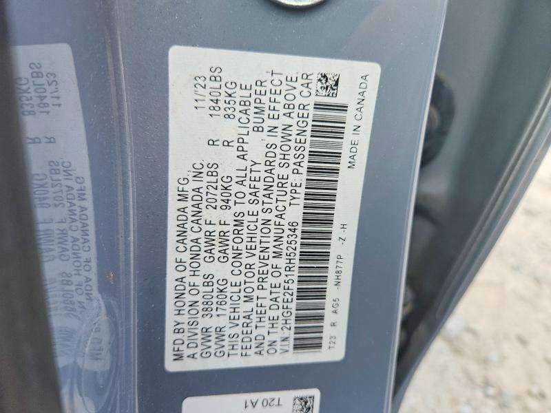 57555406 :رقم المزاد ، 2HGFE2F51RH525346 vin ، 2024 Honda Civic مزاد بيع