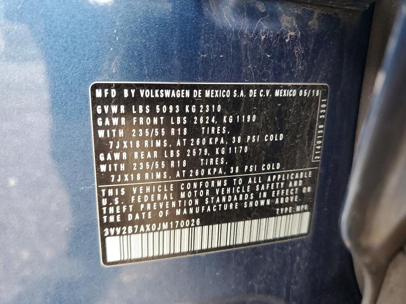 2018 Volkswagen Tiguan მანქანა იყიდება აუქციონზე, vin: 3VV2B7AX0JM170026, აუქციონის ნომერი: 57569346